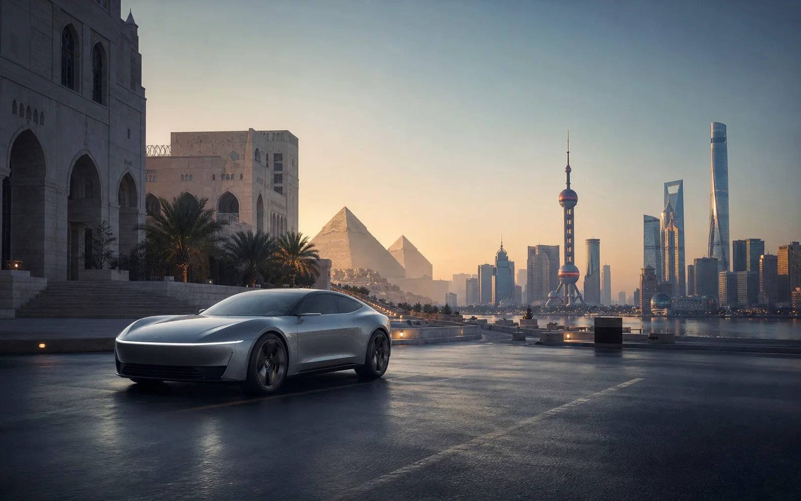Original RASMY AI concept frame imagining an automotive film between Cairo and Shanghai